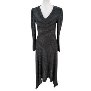 DKNY Womens Dress Womens Small Long Sleeve V-Neck Ribbed Lined Black Silver